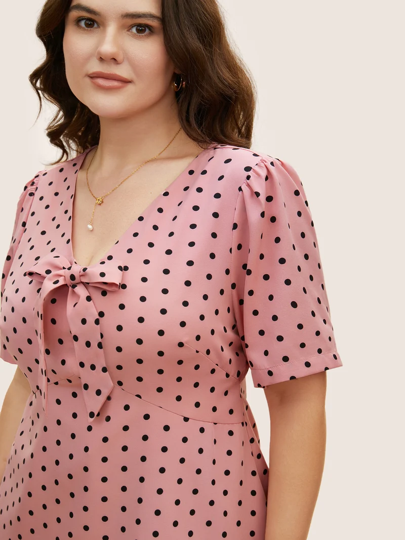 Polka Dot Ribbon Tied Collar Blouse
