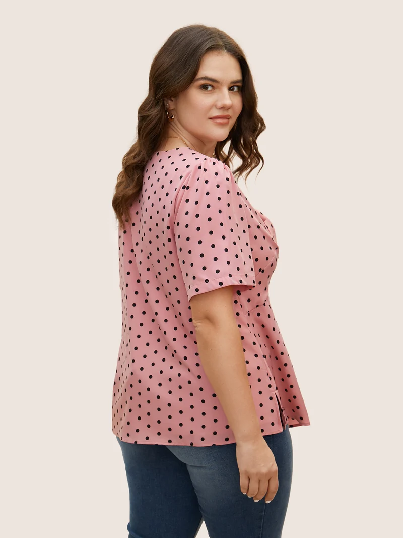 Polka Dot Ribbon Tied Collar Blouse
