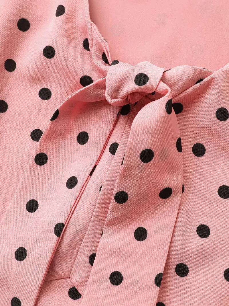 Polka Dot Ribbon Tied Collar Blouse