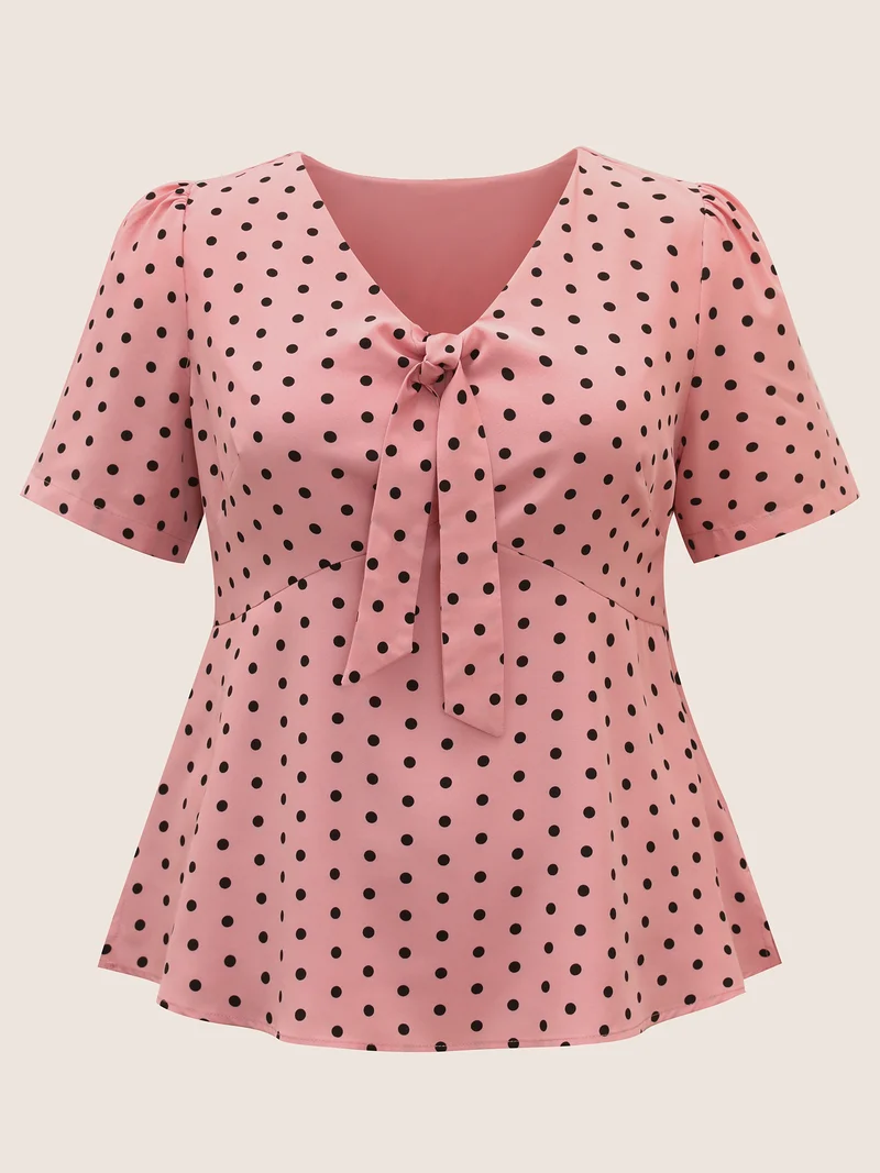 Polka Dot Ribbon Tied Collar Blouse