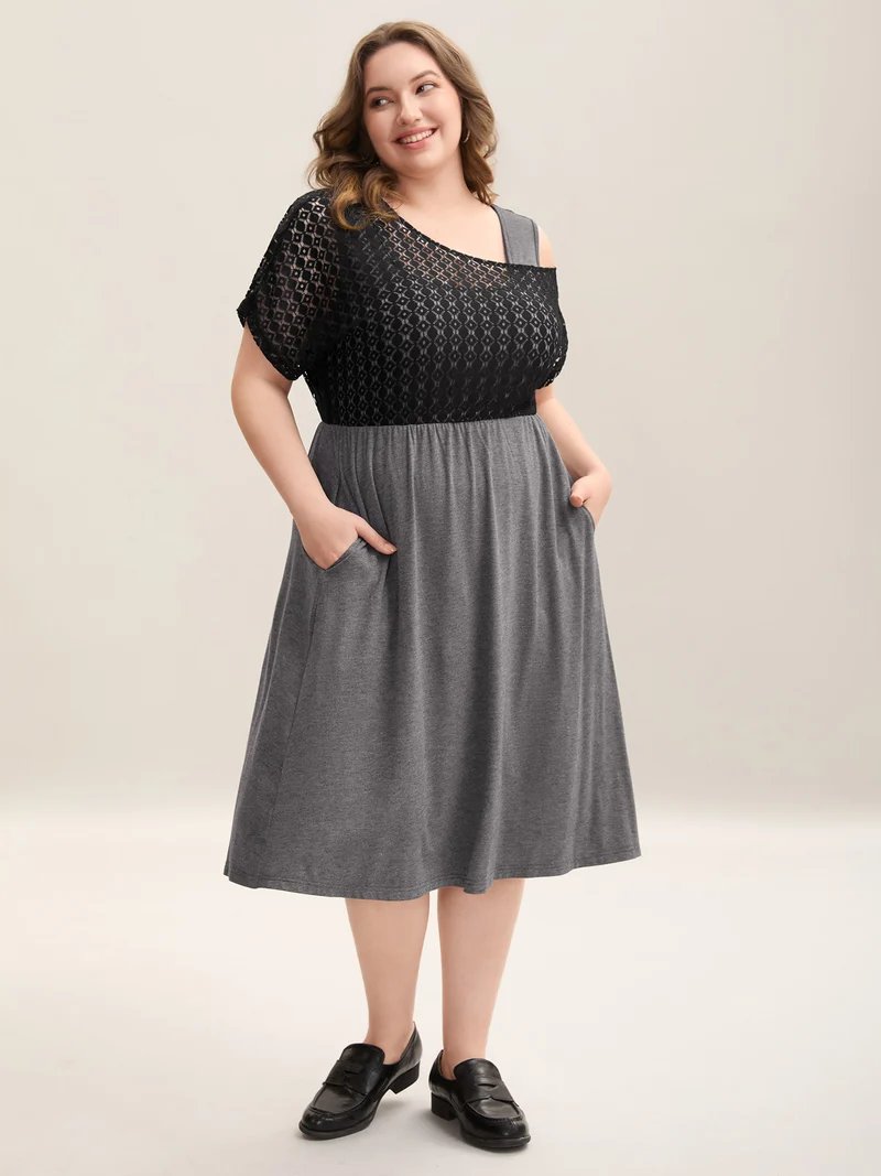 Plain Weave One-Shoulder Knit Midi Dress