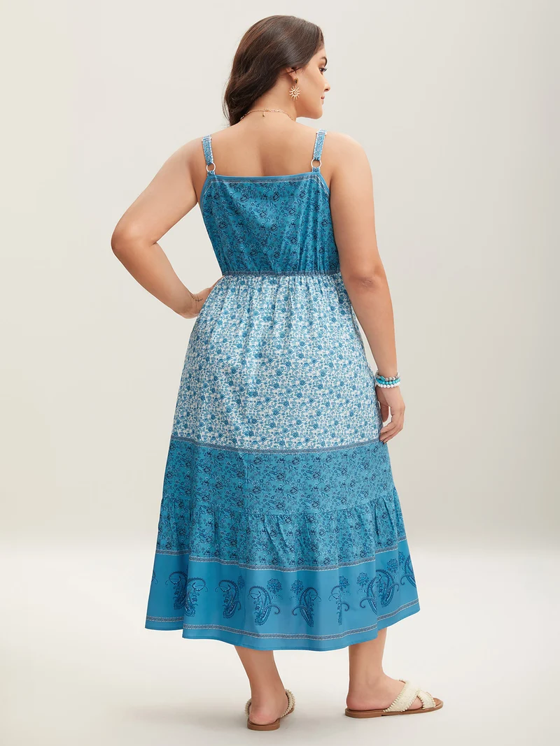 Tropical Blues Cinched Cami Midi Dress