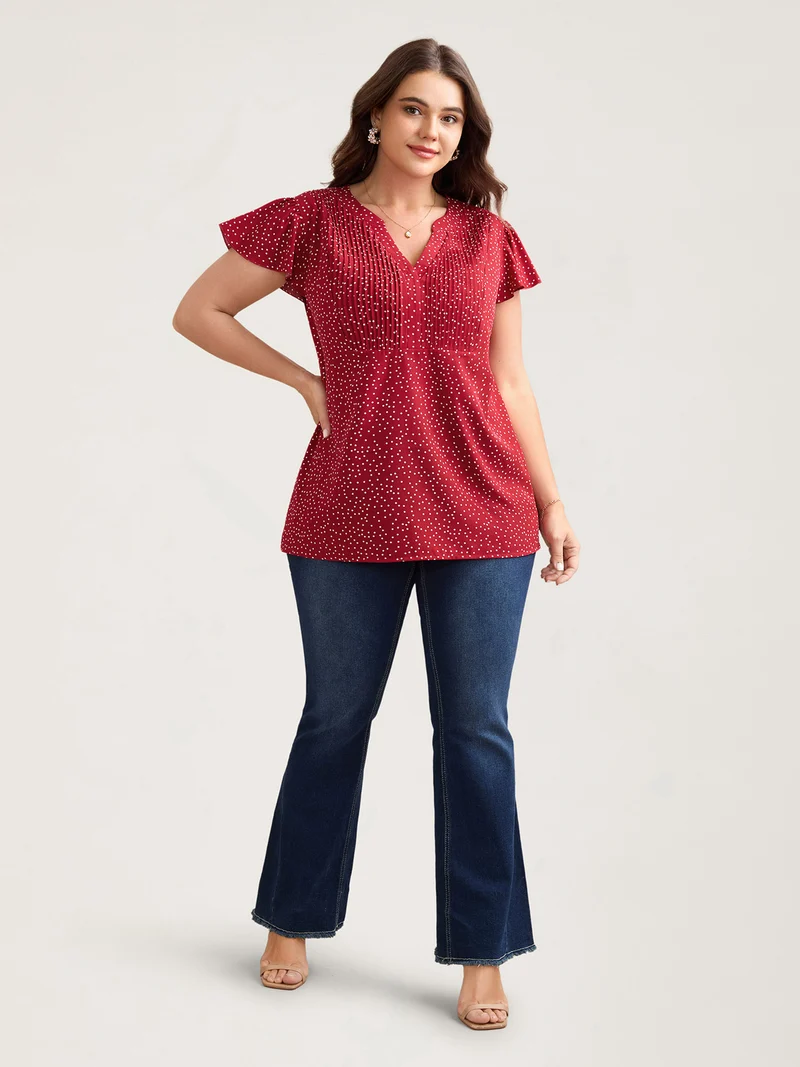 Polka Dot Print Toothpick Pleat Blouse