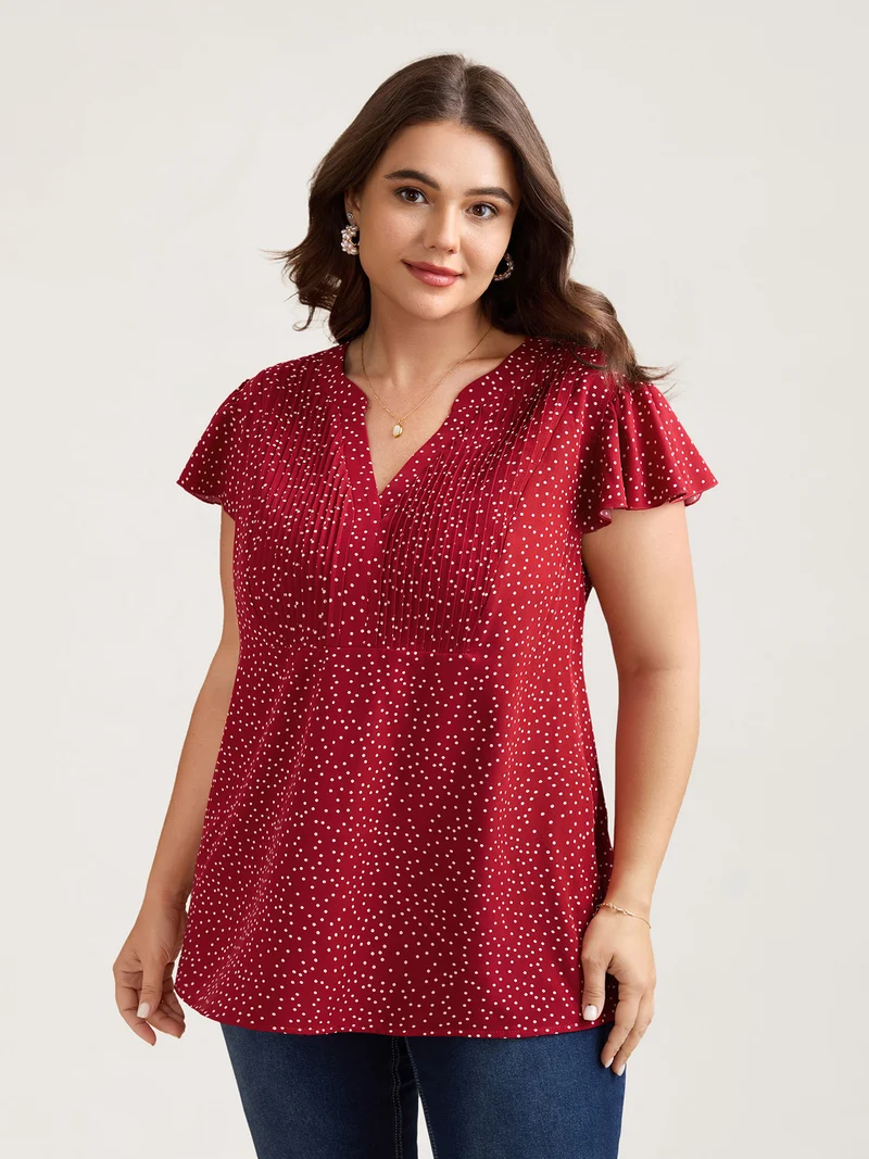 Polka Dot Print Toothpick Pleat Blouse