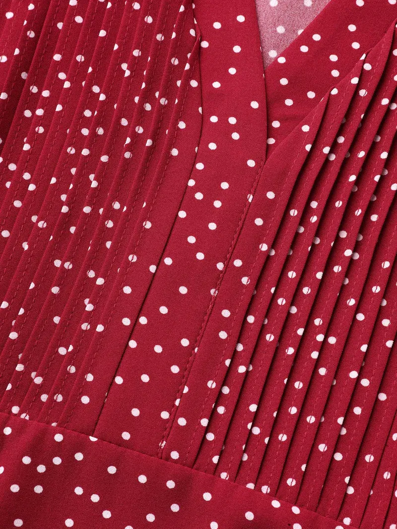 Polka Dot Print Toothpick Pleat Blouse