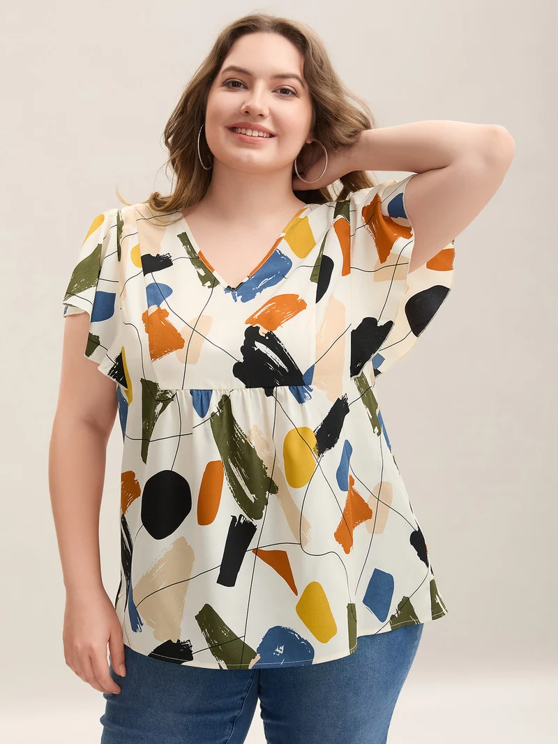 Brush Abstract Print Flounce Sleeve Blouse