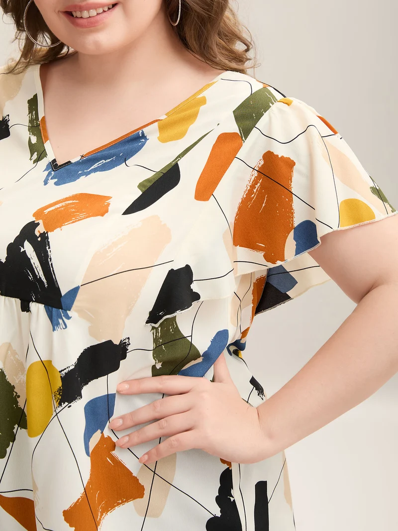 Brush Abstract Print Flounce Sleeve Blouse