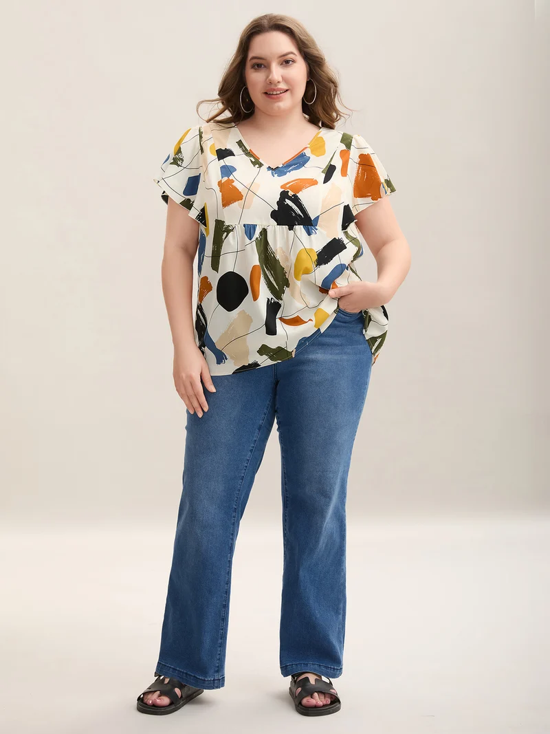 Brush Abstract Print Flounce Sleeve Blouse