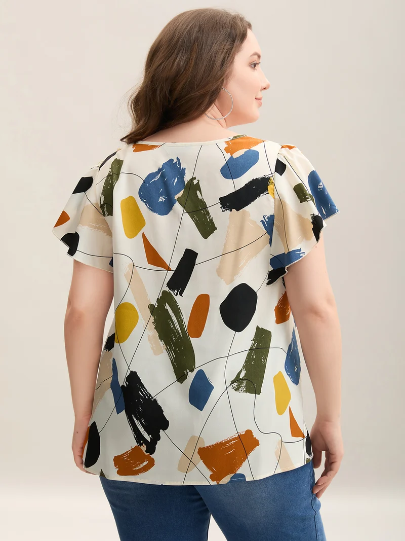 Brush Abstract Print Flounce Sleeve Blouse