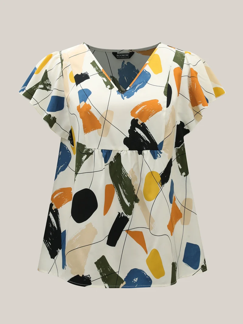 Brush Abstract Print Flounce Sleeve Blouse