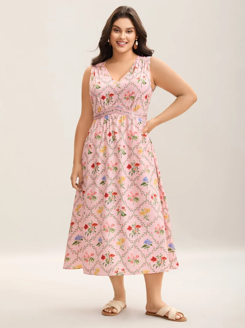 Floral Abstract Print V-Neck Maxi Dress