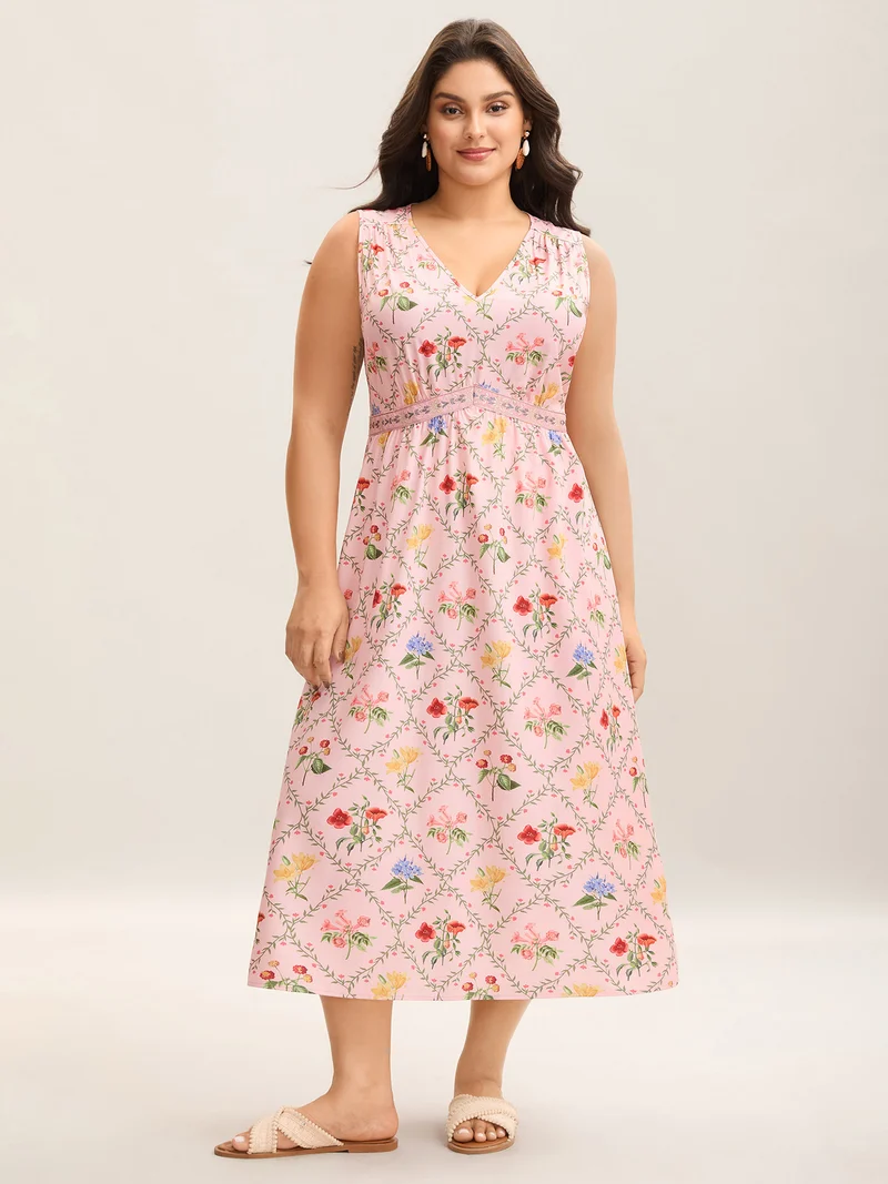 Floral Abstract Print V-Neck Maxi Dress