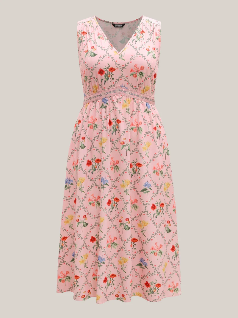 Floral Abstract Print V-Neck Maxi Dress