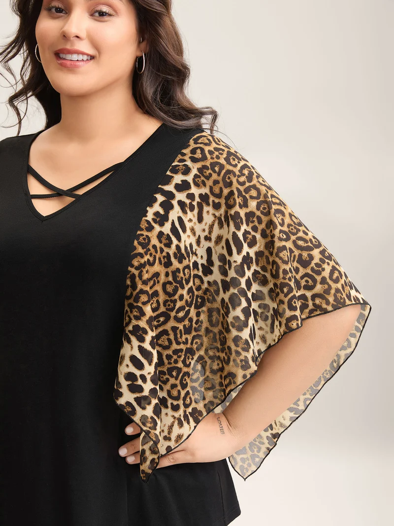 Leopard Spliced Tied Flared Sleeve T-Shirt