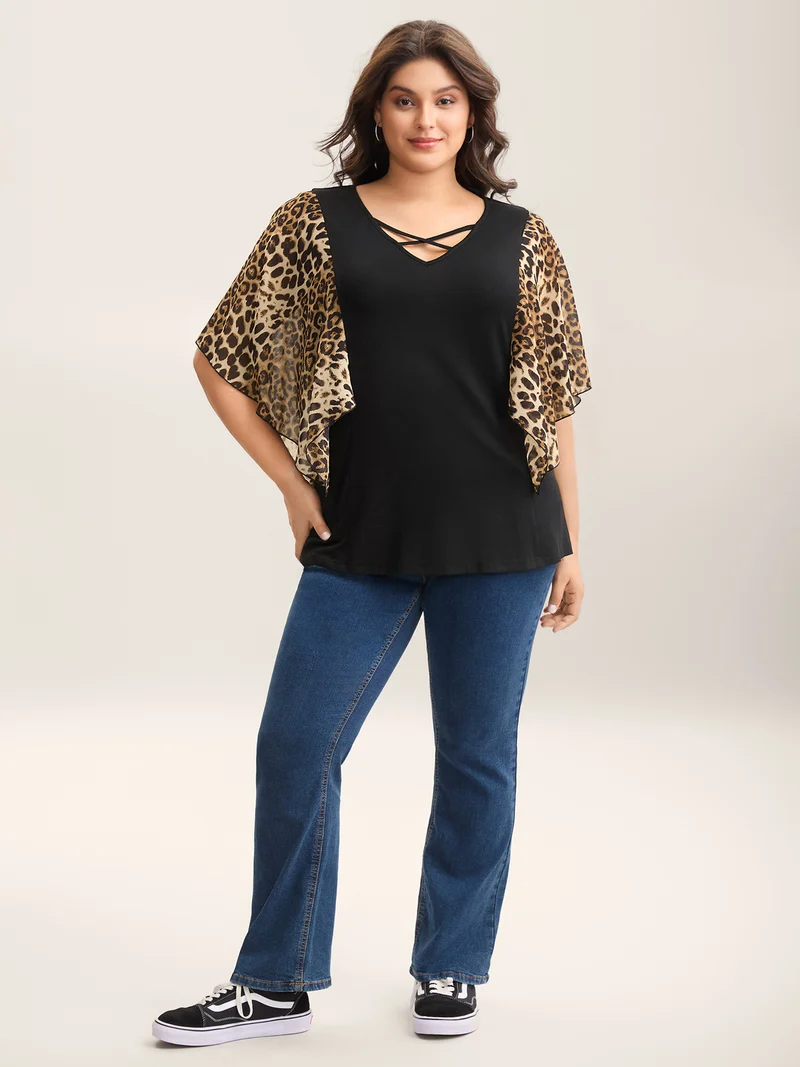 Leopard Spliced Tied Flared Sleeve T-Shirt