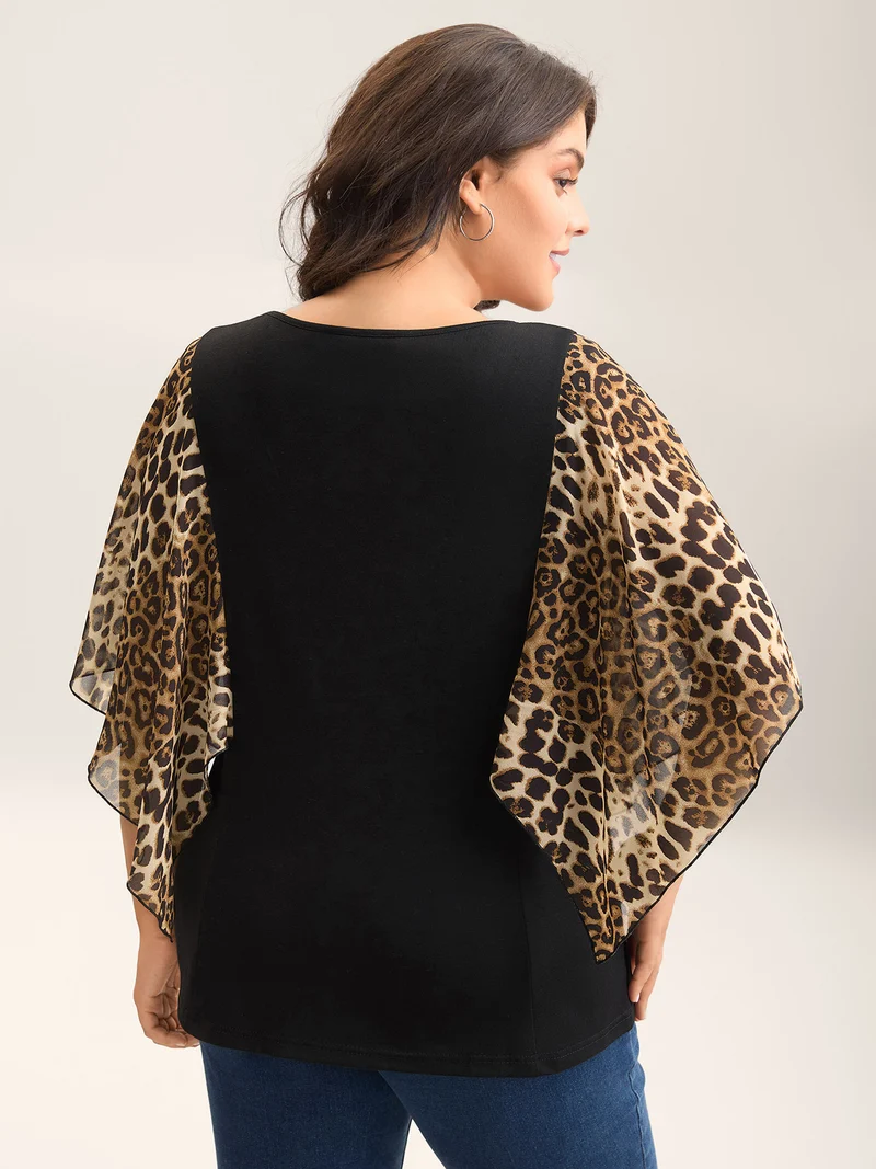 Leopard Spliced Tied Flared Sleeve T-Shirt