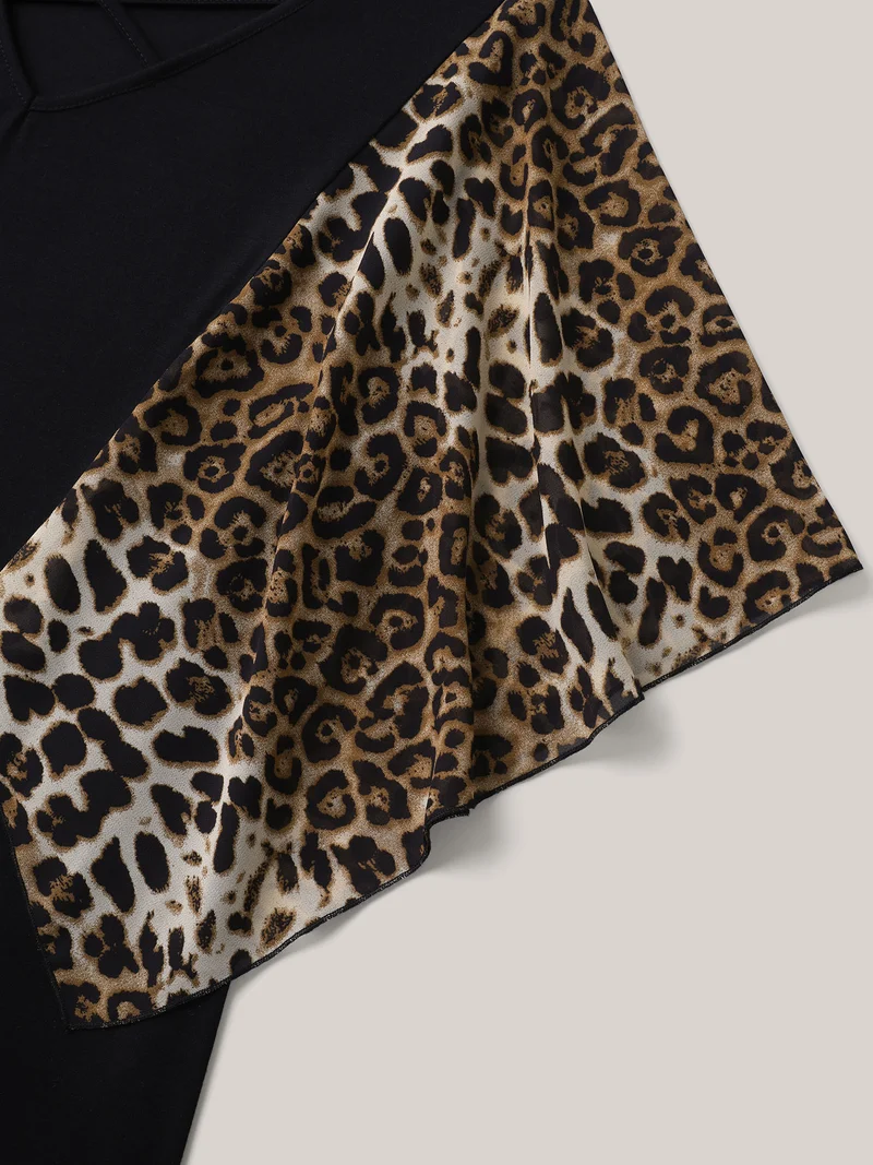 Leopard Spliced Tied Flared Sleeve T-Shirt
