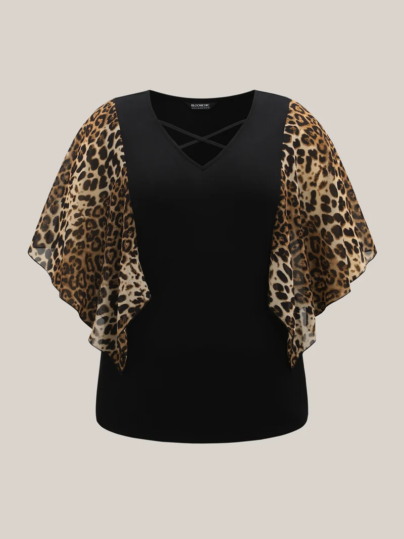 Leopard Spliced Tied Flared Sleeve T-Shirt
