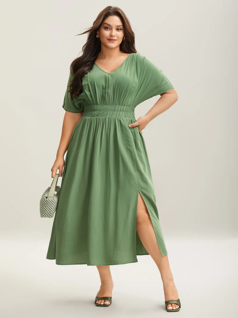 Pleated Solid Color Slit Maxi Dress