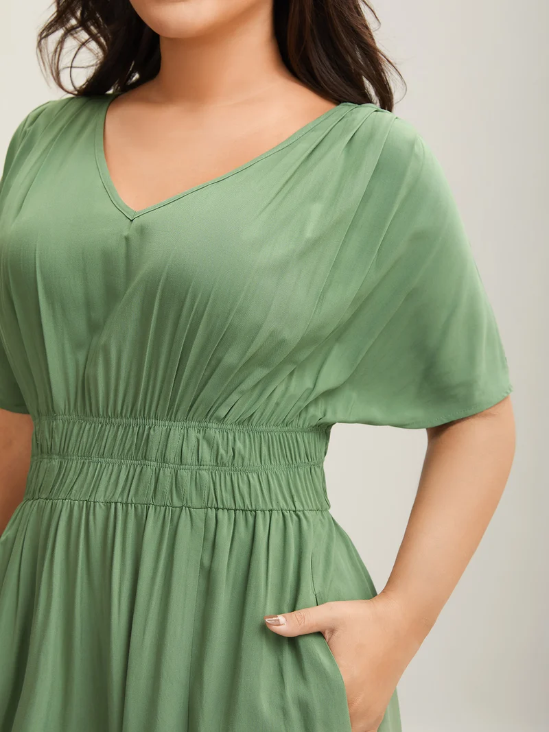 Pleated Solid Color Slit Maxi Dress