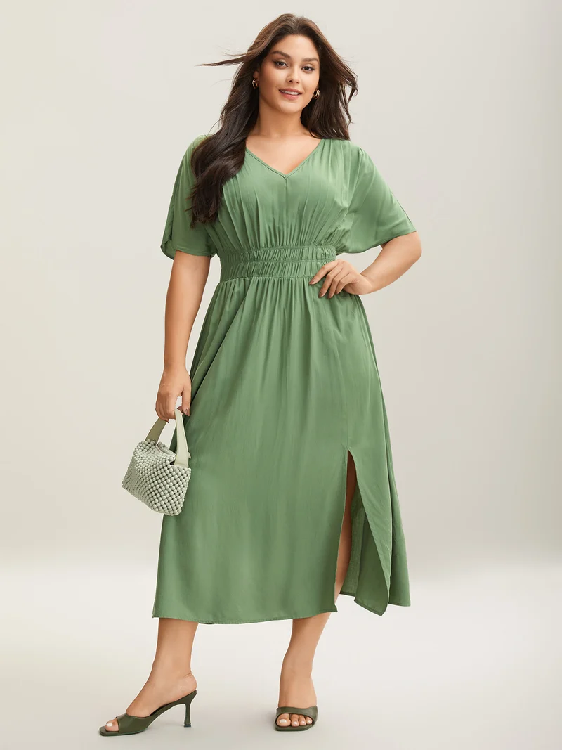 Pleated Solid Color Slit Maxi Dress