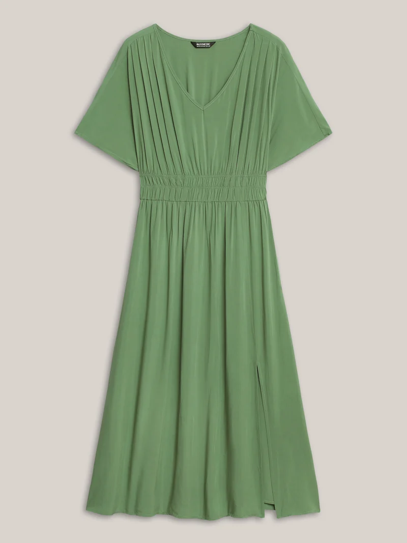 Pleated Solid Color Slit Maxi Dress