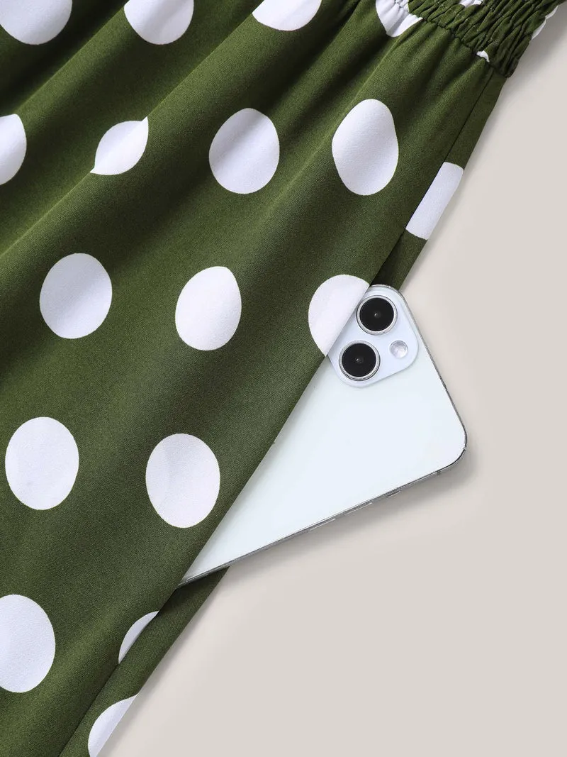 Polka Dot Print Pockets Shirred Maxi Dress