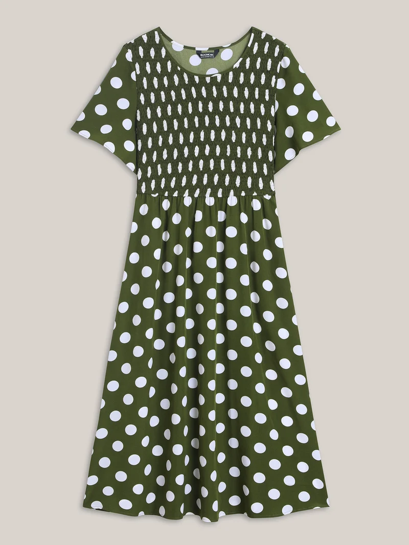 Polka Dot Print Pockets Shirred Maxi Dress