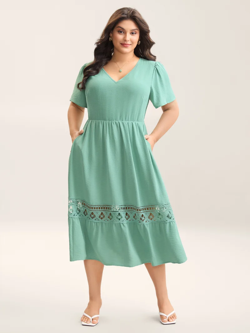 Lace Cut-Out Lotus Leaf Sleeve Midi Dress