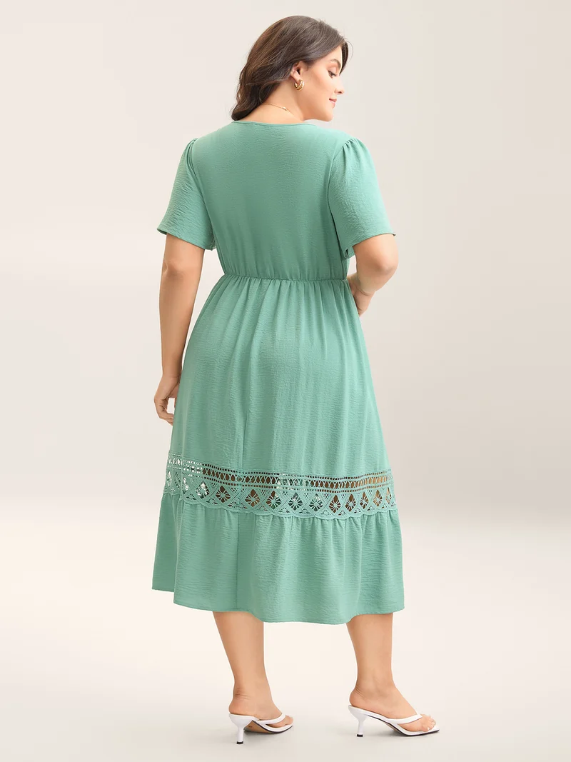 Lace Cut-Out Lotus Leaf Sleeve Midi Dress