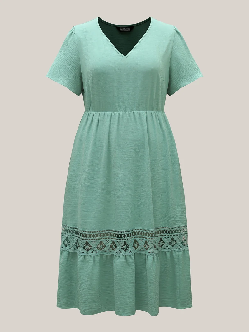Lace Cut-Out Lotus Leaf Sleeve Midi Dress
