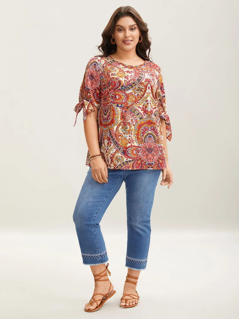 Paisley Print Round Neck Tied Shirt