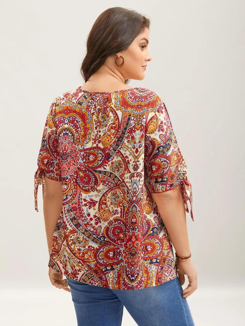 Paisley Print Round Neck Tied Shirt