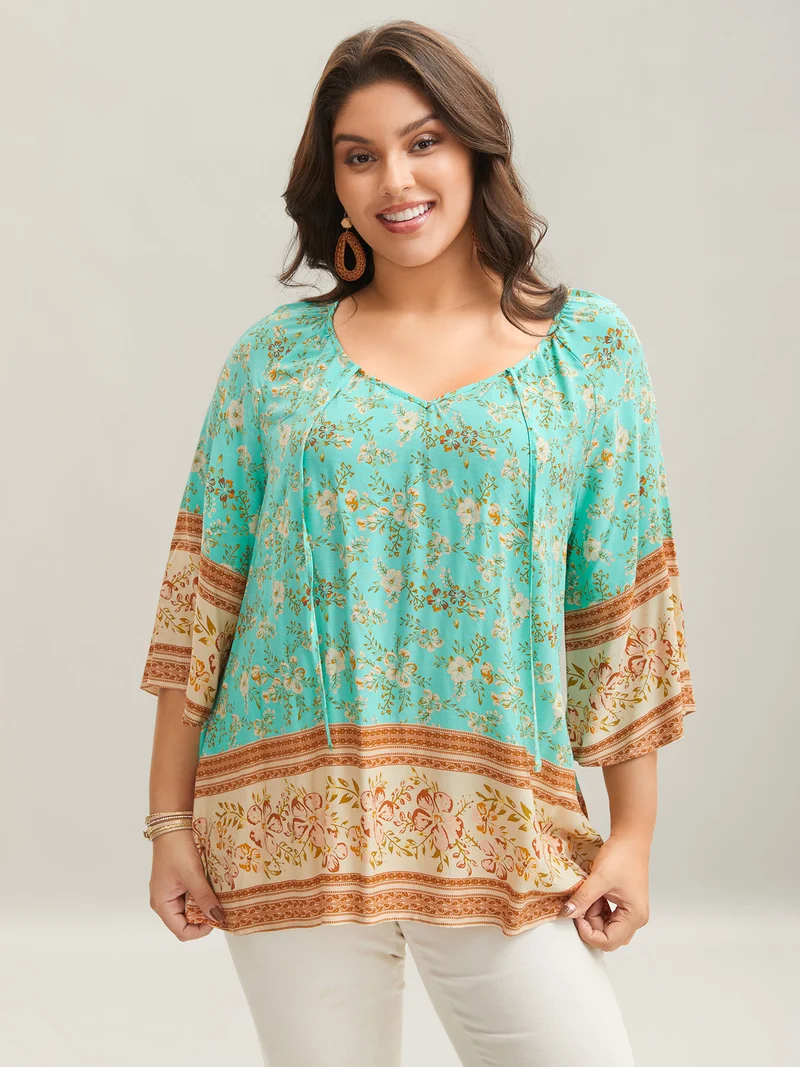 Boho Print Neck Ties Relaxed Fit Shirt