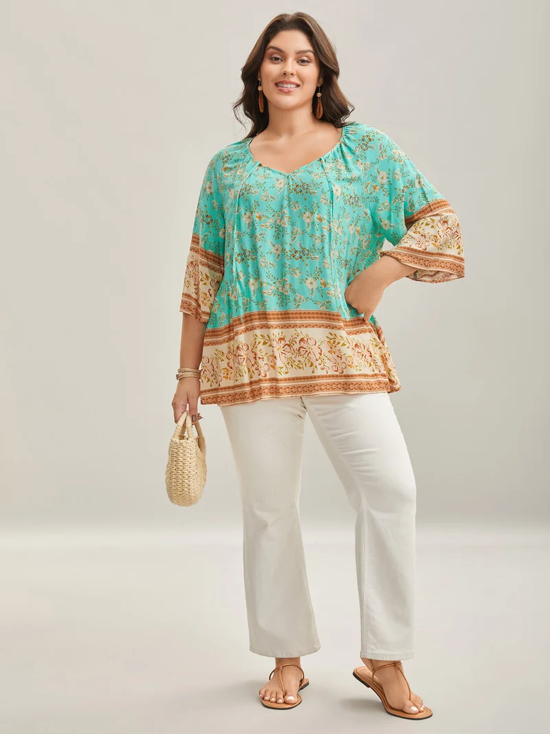 Boho Print Neck Ties Relaxed Fit Shirt