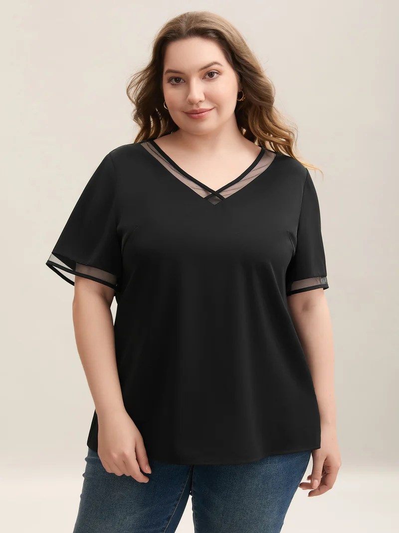 Sheer Spliced Mesh V-Neck Top