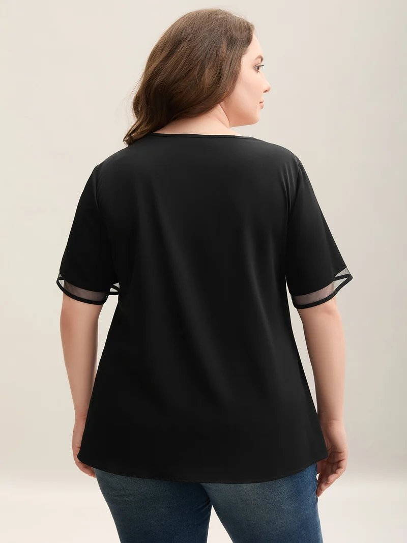 Sheer Spliced Mesh V-Neck Top