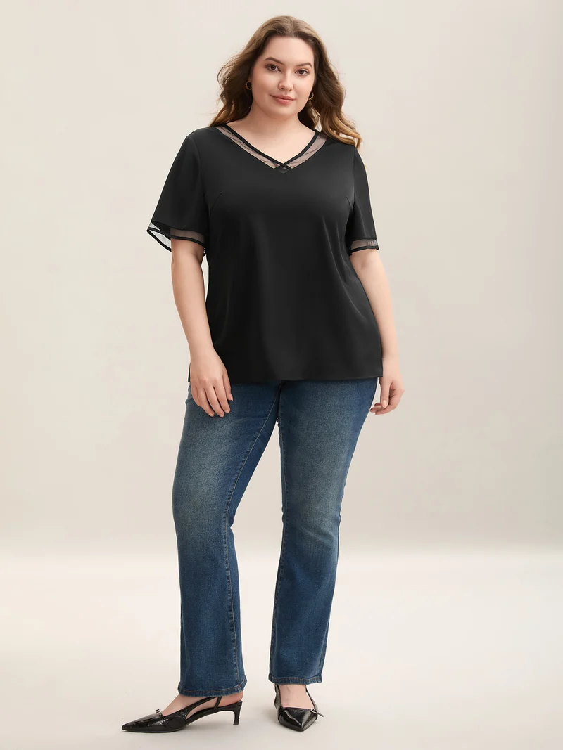 Sheer Spliced Mesh V-Neck Top