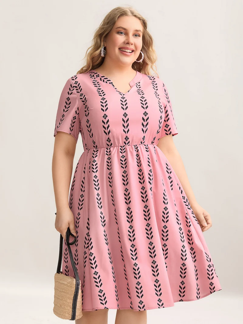 Boho Striped Split Neck Midi Dress