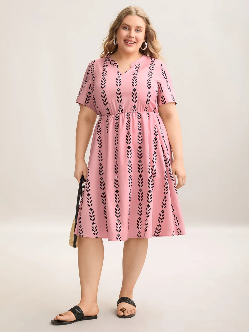 Boho Striped Split Neck Midi Dress