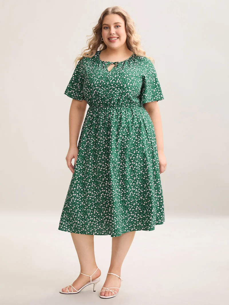 Floral Print Split Neck Pockets Midi Dress