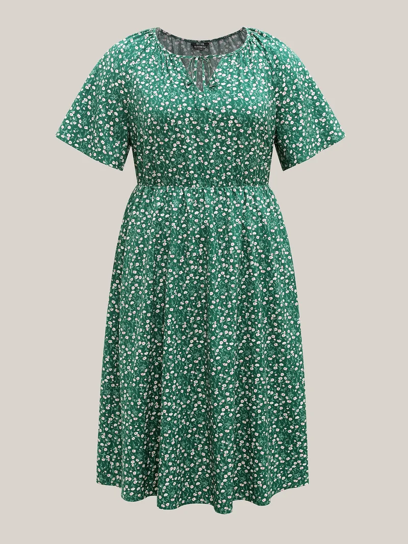 Floral Print Split Neck Pockets Midi Dress