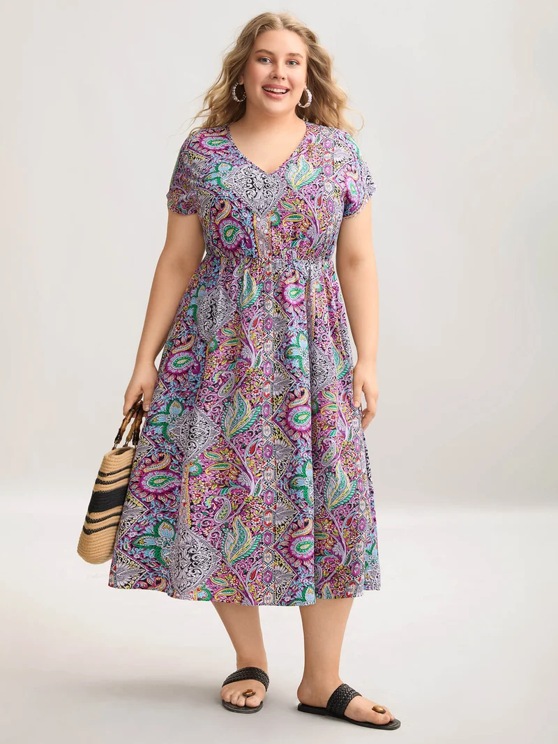 Paisley Print Pockets V-Neck Midi Dress