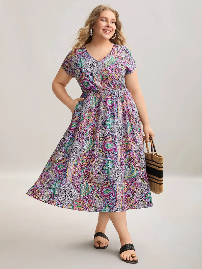 Paisley Print Pockets V-Neck Midi Dress