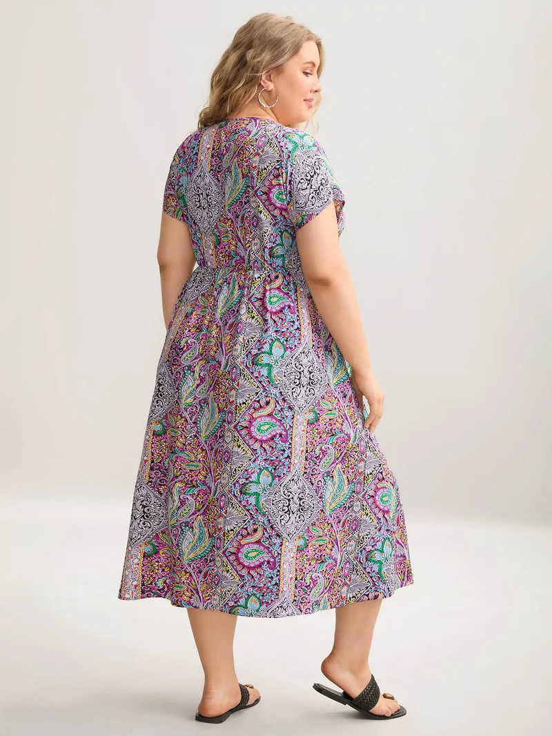 Paisley Print Pockets V-Neck Midi Dress