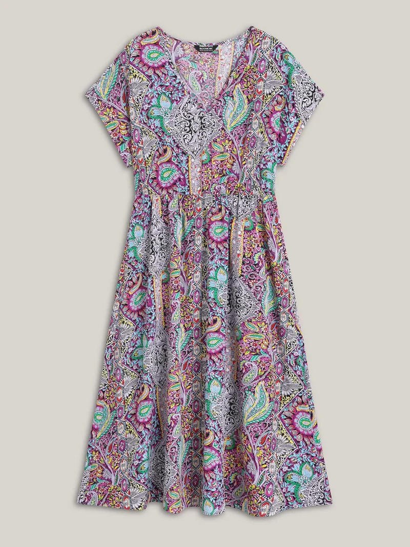 Paisley Print Pockets V-Neck Midi Dress