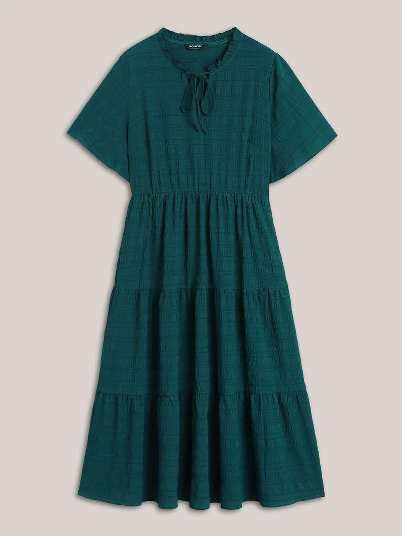 Stretchy Waist Frill Trim Pockets Midi Dress
