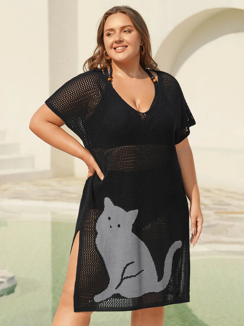 Cut-Out Sheer Cat Pattern Swim Cover-Up