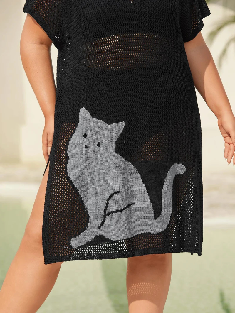 Cut-Out Sheer Cat Pattern Swim Cover-Up