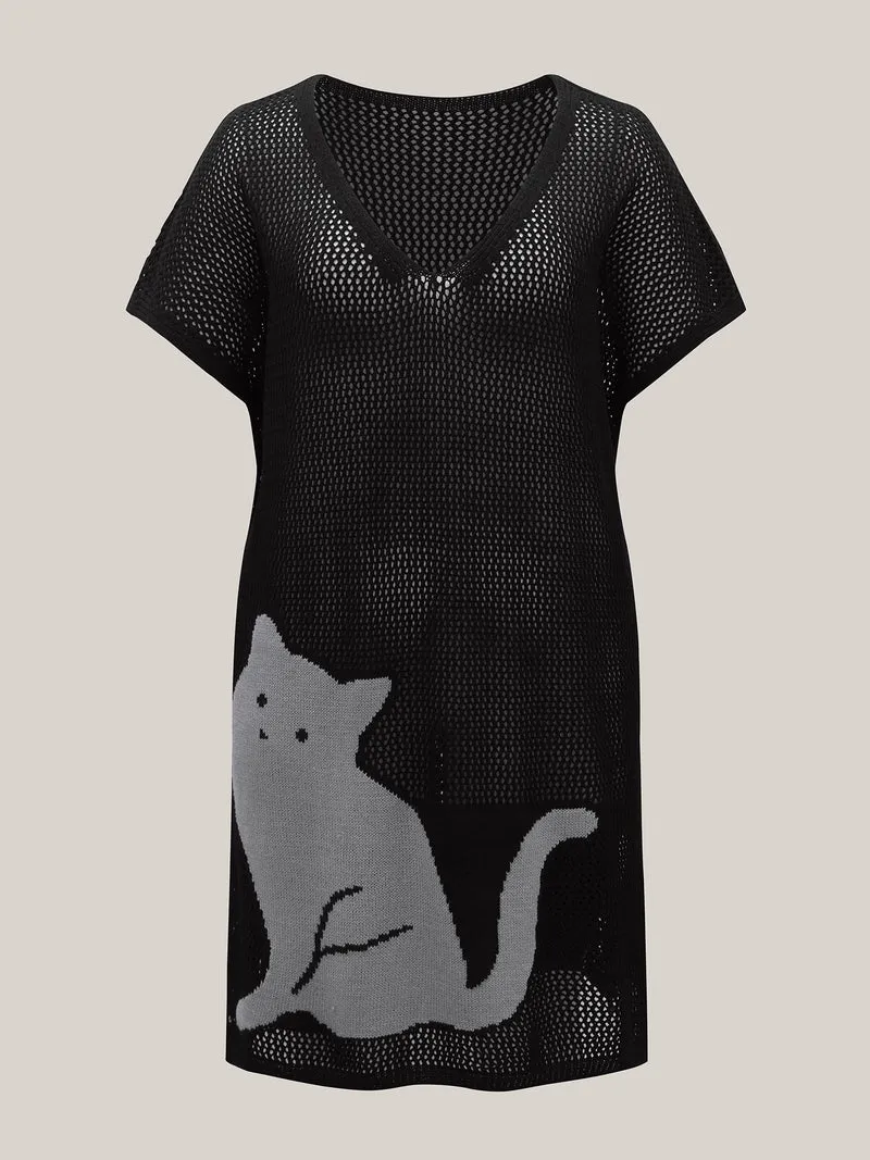 Cut-Out Sheer Cat Pattern Swim Cover-Up